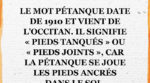 Le mot pétanque date de 1910 et vient de l'occitan. Il signifie "pieds tanqués" ou "pieds joints", car la pétanque se joue les pieds ancrés dans le sol.